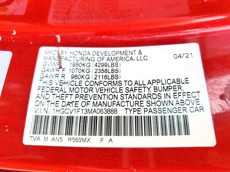 Продажа на аукционе авто 2021 Honda Accord, vin: 1HGCV1F13MA063888, номер лота: 53468096