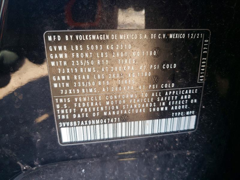 52341226 :رقم المزاد ، 3VV8B7AX9NM047471 vin ، 2022 Volkswagen Tiguan مزاد بيع