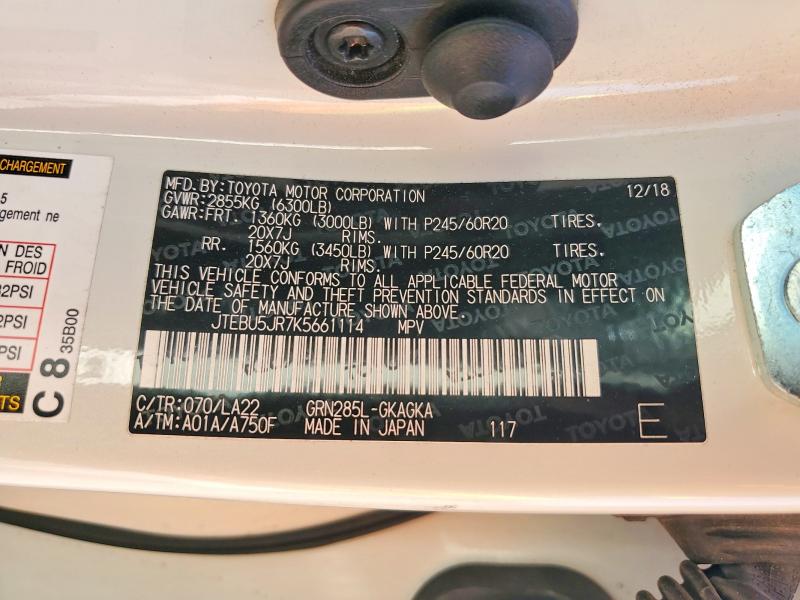 2019 Toyota 4runner მანქანა იყიდება აუქციონზე, vin: JTEBU5JR7K5661114, აუქციონის ნომერი: 53978716