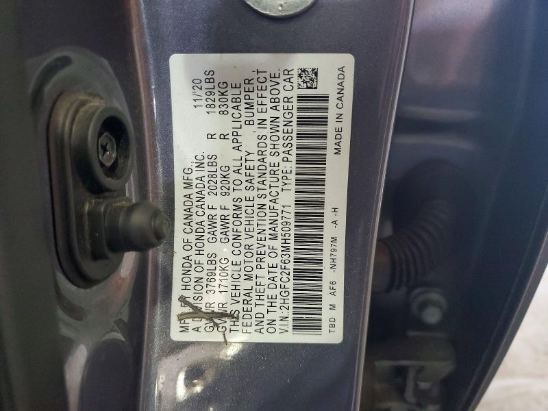 2021 Honda Civic მანქანა იყიდება აუქციონზე, vin: 2HGFC2F63MH509771, აუქციონის ნომერი: 54595996