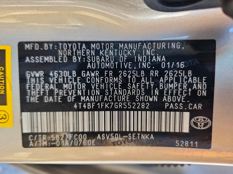 Aukcja sprzedaży 2016 Toyota Camry, vin: 4T4BF1FK7GR552282, numer aukcji: 54069926