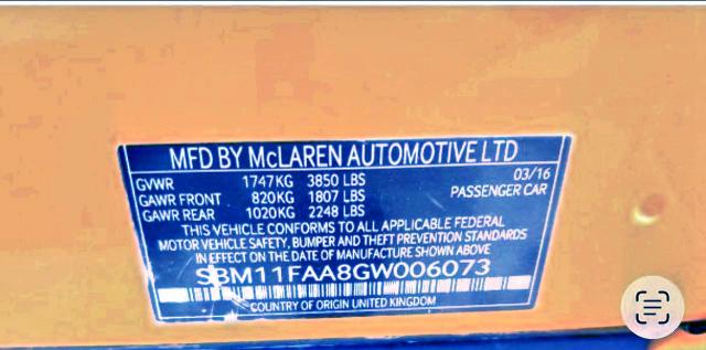 52271176 :رقم المزاد ، SBM11FAA8GW006073 vin ، 2016 Mclaren Automotive 650s مزاد بيع