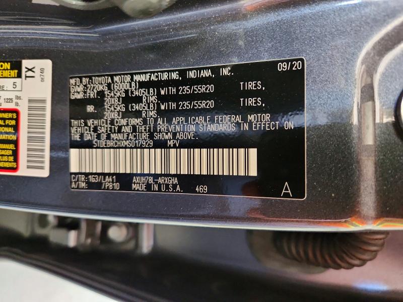 Aukcja sprzedaży 2021 Toyota Highlander, vin: 5TDEBRCHXMS017929, numer aukcji: 52187076