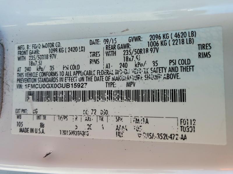 52603576 :رقم المزاد ، 1FMCU0GX0GUB15927 vin ، 2016 Ford Escape مزاد بيع