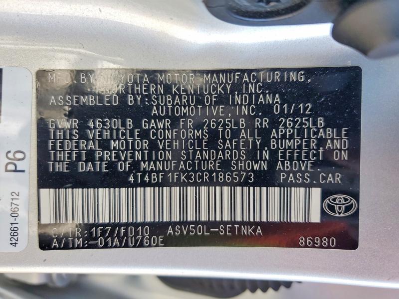 Продажа на аукционе авто 2012 Toyota Camry, vin: 4T4BF1FK3CR186573, номер лота: 52045146