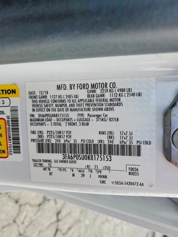 Aukcja sprzedaży 2019 Ford Fusion, vin: 3FA6P0SU0KR175153, numer aukcji: 51488786