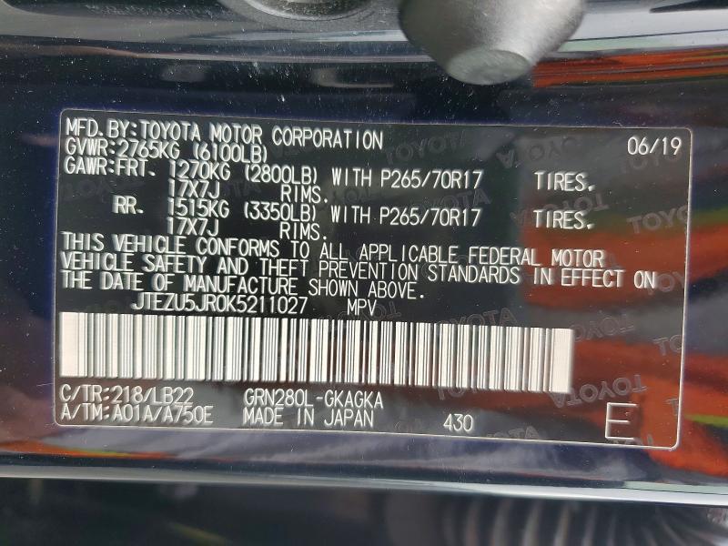 2019 Toyota 4runner მანქანა იყიდება აუქციონზე, vin: JTEZU5JR0K5211027, აუქციონის ნომერი: 55219306