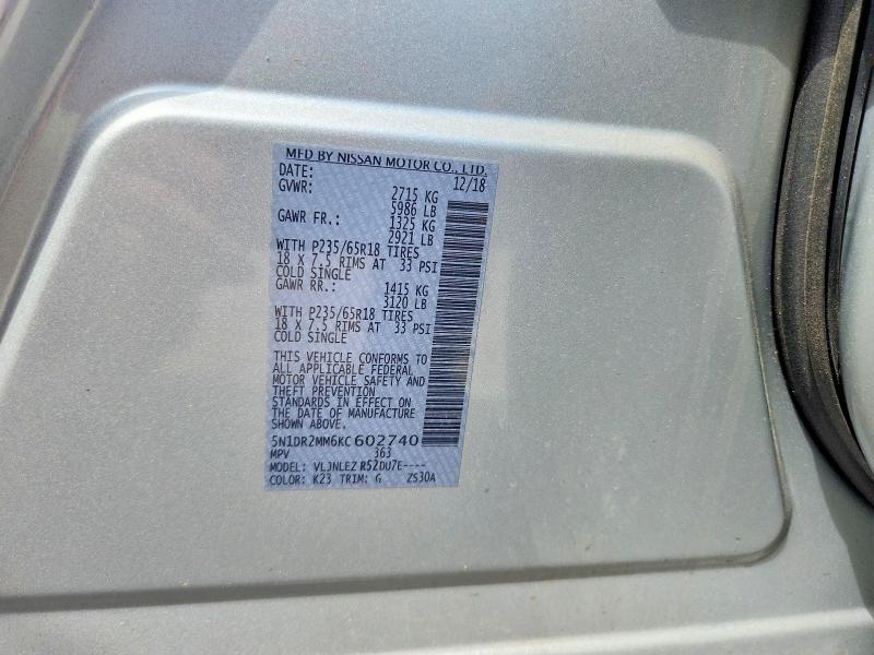 54333376 :رقم المزاد ، 5N1DR2MM6KC602740 vin ، 2019 Nissan Pathfinder مزاد بيع
