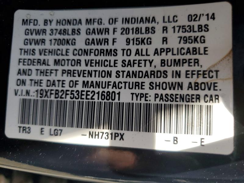 53611196 :رقم المزاد ، 19XFB2F53EE216801 vin ، 2014 Honda Civic مزاد بيع