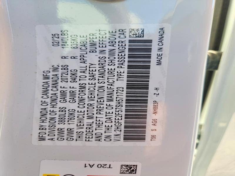 2025 Honda Civic მანქანა იყიდება აუქციონზე, vin: 2HGFE2F57SH571723, აუქციონის ნომერი: 53265606