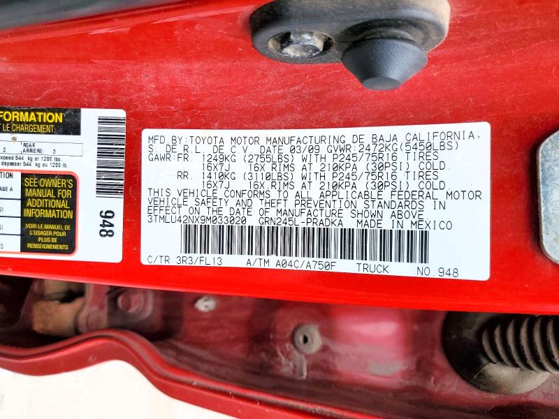 2009 Toyota Tacoma მანქანა იყიდება აუქციონზე, vin: 3TMLU42NX9M033020, აუქციონის ნომერი: 55249536