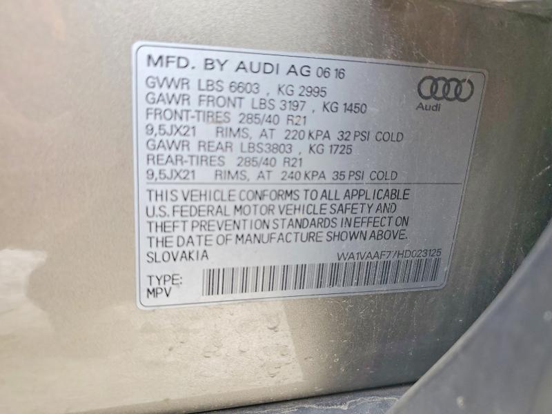 Продаж на аукціоні авто 2017 Audi Q7, vin: WA1VAAF77HD023125, номер лоту: 52738836