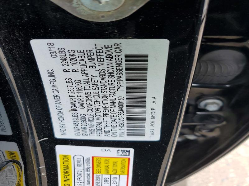 2018 Honda Accord მანქანა იყიდება აუქციონზე, vin: 1HGCV3F56JA000150, აუქციონის ნომერი: 51691896