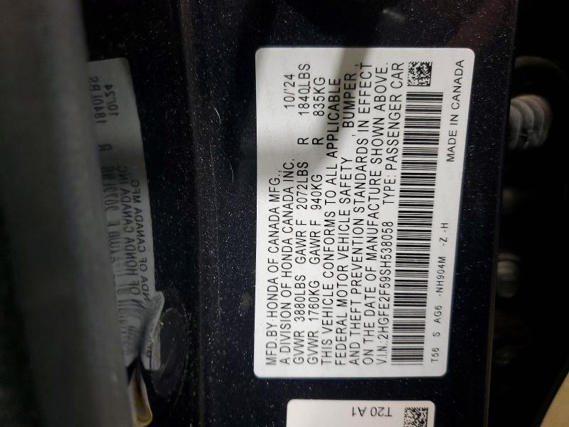 Продаж на аукціоні авто 2025 Honda Civic, vin: 2HGFE2F59SH538058, номер лоту: 55074056