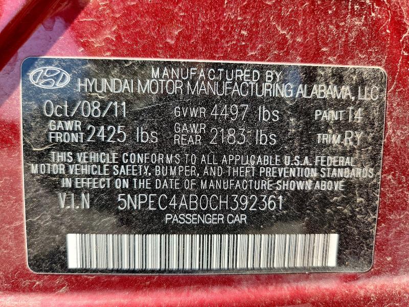 Продаж на аукціоні авто 2012 Hyundai Sonata, vin: 5NPEC4AB0CH392361, номер лоту: 53659716