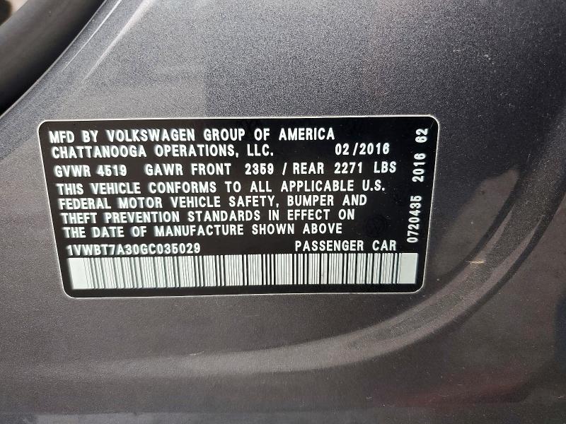 52452596 :رقم المزاد ، 1VWBT7A30GC035029 vin ، 2016 Volkswagen Passat مزاد بيع