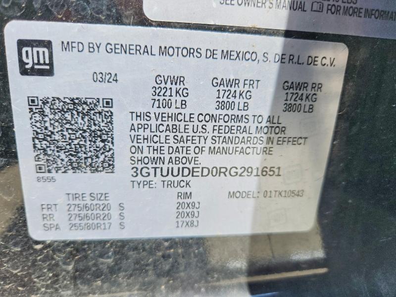 2024 Gmc Sierra მანქანა იყიდება აუქციონზე, vin: 3GTUUDED0RG291651, აუქციონის ნომერი: 54396516