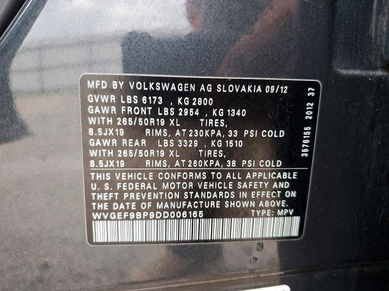 54641306 :رقم المزاد ، WVGEF9BP9DD006165 vin ، 2013 Volkswagen Touareg مزاد بيع