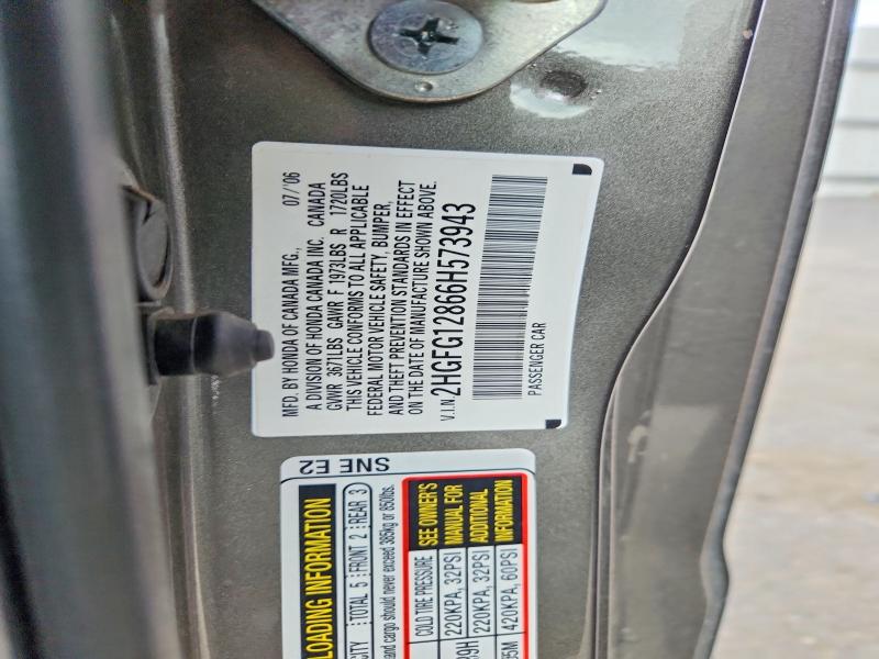 Продаж на аукціоні авто 2006 Honda Civic, vin: 2HGFG12866H573943, номер лоту: 54958486