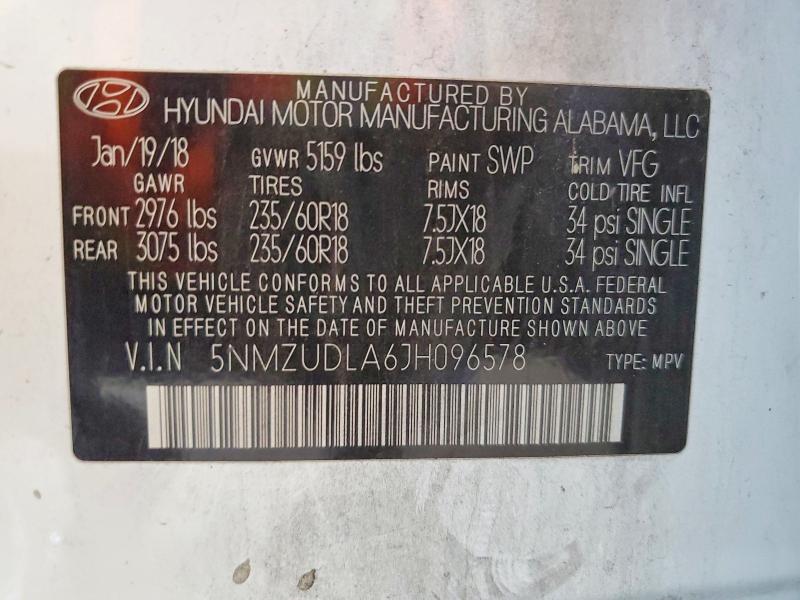 55053776 :رقم المزاد ، 5NMZUDLA6JH096578 vin ، 2018 Hyundai Santa Fe Sport مزاد بيع