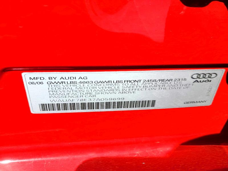 Aukcja sprzedaży 2007 Audi A4, vin: WAUAF78E37A059699, numer aukcji: 52372496