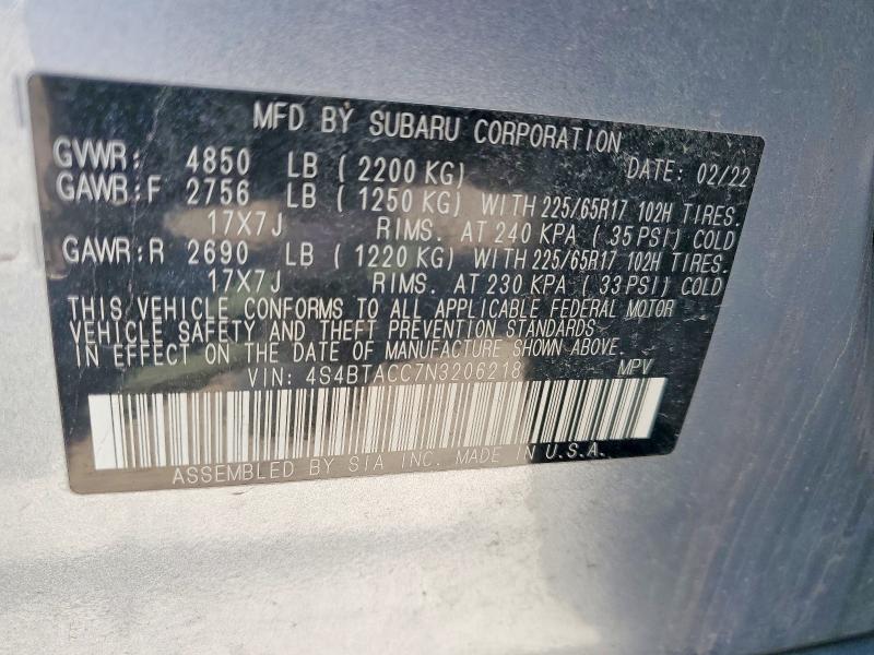 Aukcja sprzedaży 2022 Subaru Outback, vin: 4S4BTACC7N3206218, numer aukcji: 52393036