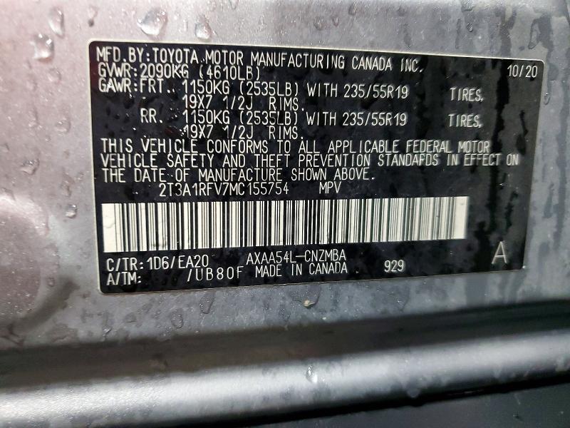 Aukcja sprzedaży 2021 Toyota Rav4, vin: 2T3A1RFV7MC155754, numer aukcji: 53938976