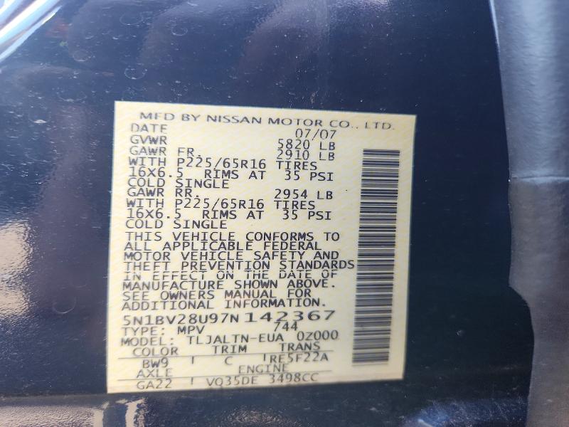 54944716 :رقم المزاد ، 5N1BV28U97N142367 vin ، 2007 Nissan Quest مزاد بيع