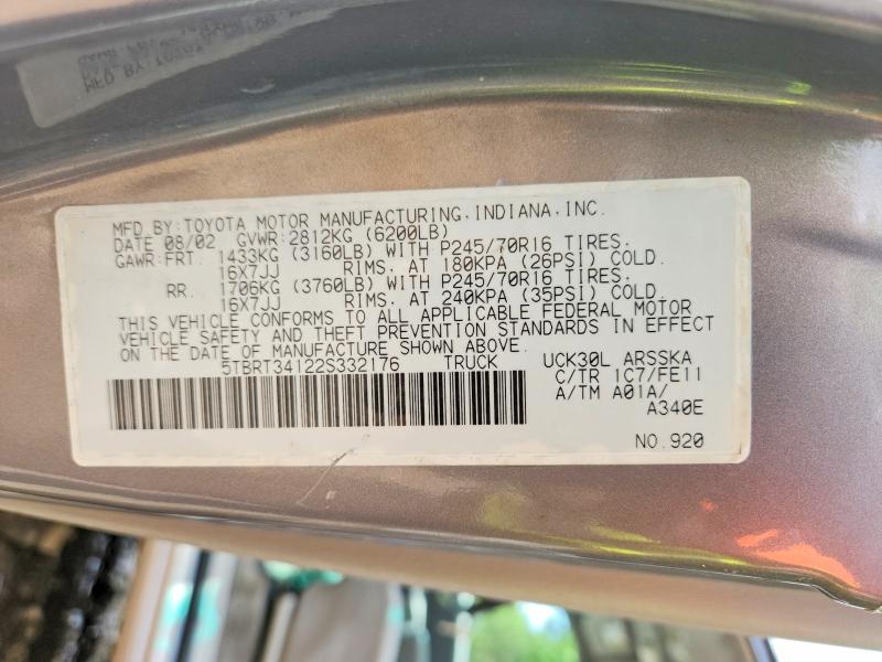 2002 Toyota Tundra მანქანა იყიდება აუქციონზე, vin: 5TBRT34122S332176, აუქციონის ნომერი: 54611886