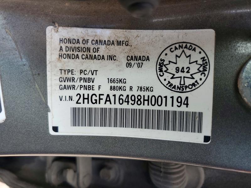 52402806 :رقم المزاد ، 2HGFA16498H001194 vin ، 2008 Honda Civic مزاد بيع