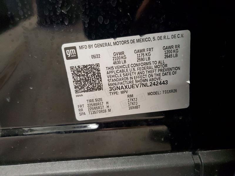 2022 Chevrolet Equinox მანქანა იყიდება აუქციონზე, vin: 3GNAXUEV7NL242443, აუქციონის ნომერი: 52497836