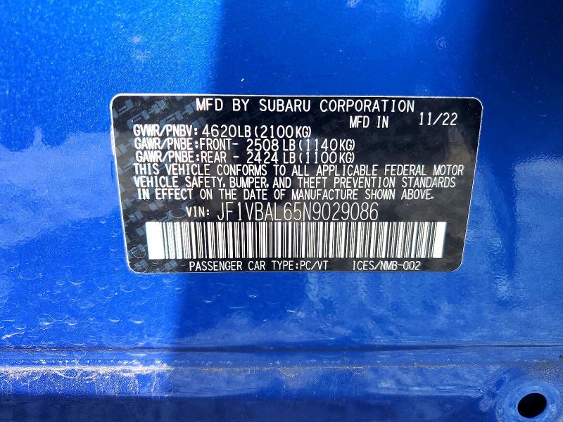 Aukcja sprzedaży 2022 Subaru Wrx, vin: JF1VBAL65N9029086, numer aukcji: 54149686