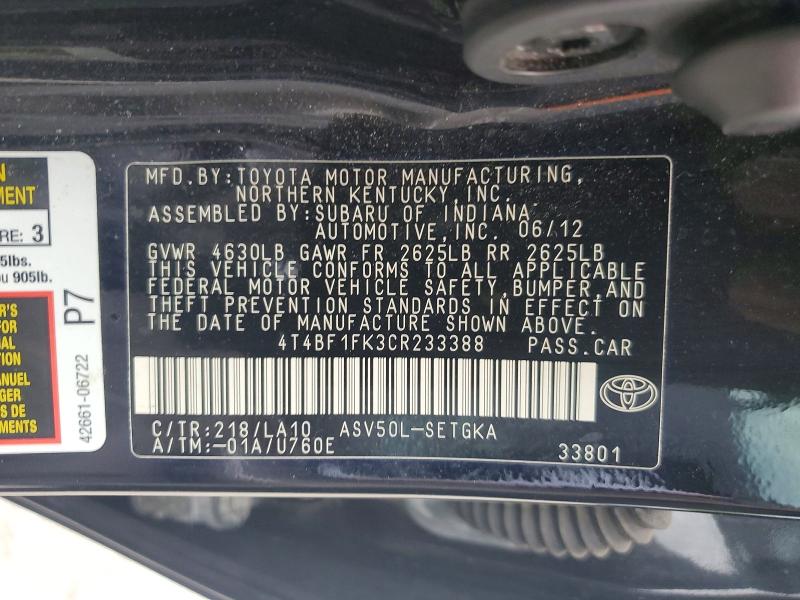 2012 Toyota Camry მანქანა იყიდება აუქციონზე, vin: 4T4BF1FK3CR233388, აუქციონის ნომერი: 53984956