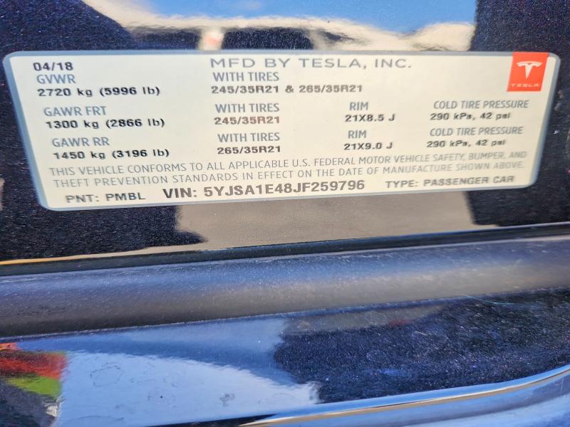 Продаж на аукціоні авто 2018 Tesla Model S, vin: 5YJSA1E48JF259796, номер лоту: 55049966