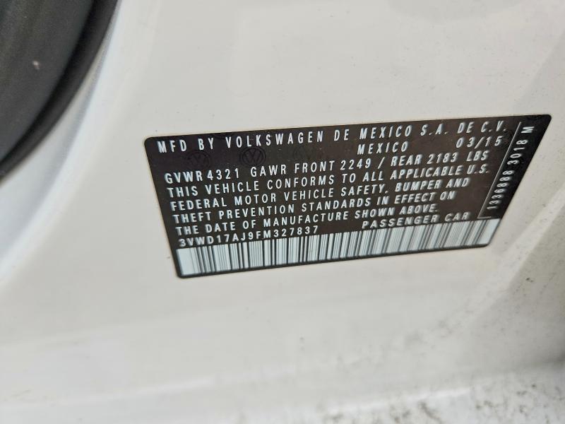 2015 Volkswagen Jetta მანქანა იყიდება აუქციონზე, vin: 3VWD17AJ9FM327837, აუქციონის ნომერი: 52948306