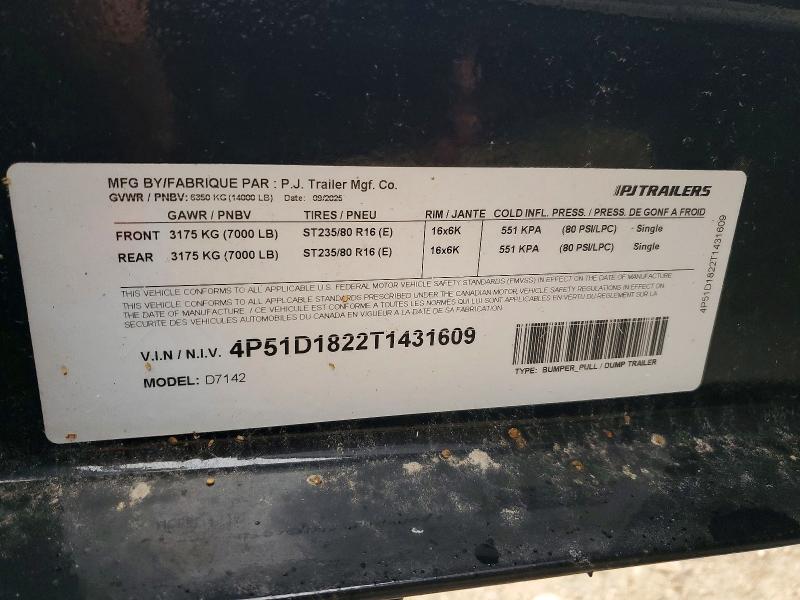 52887256 :رقم المزاد ، 4P51D1822T1431609 vin ، 2026 Pj D7142 مزاد بيع
