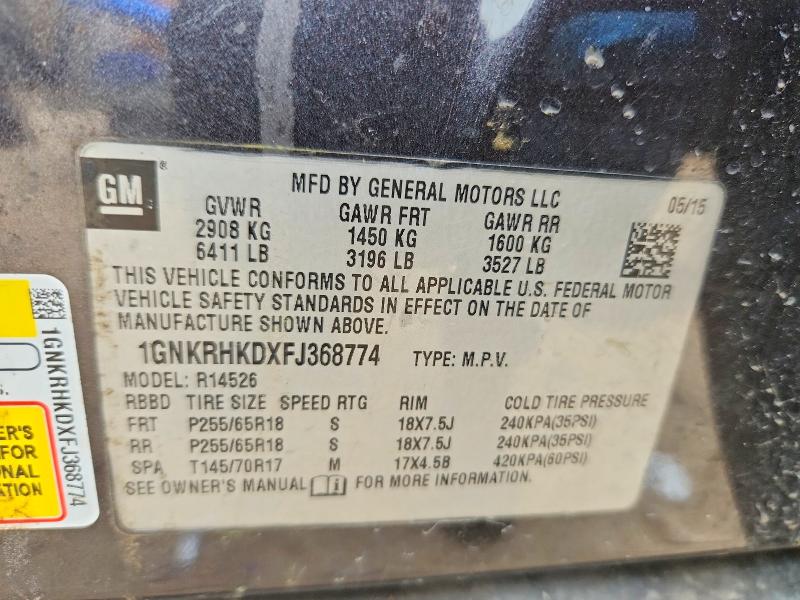 2015 Chevrolet Traverse მანქანა იყიდება აუქციონზე, vin: 1GNKRHKDXFJ368774, აუქციონის ნომერი: 52449096