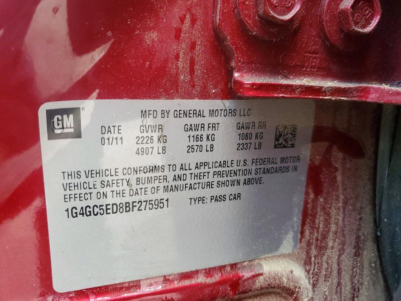 53810046 :رقم المزاد ، 1G4GC5ED8BF275951 vin ، 2011 Buick Lacrosse مزاد بيع