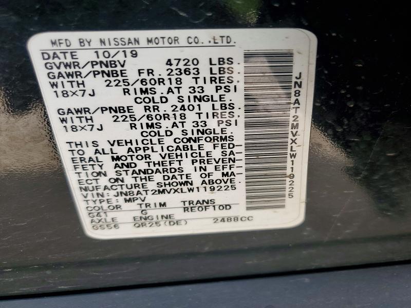 52607146 :رقم المزاد ، JN8AT2MVXLW119225 vin ، 2020 Nissan Rogue مزاد بيع