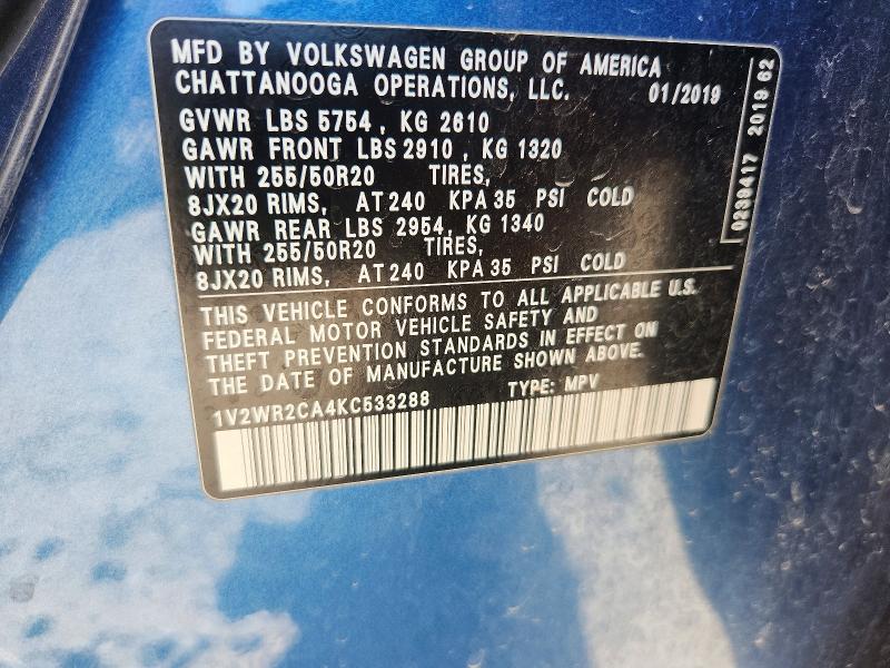 Aukcja sprzedaży 2019 Volkswagen Atlas, vin: 1V2WR2CA4KC533288, numer aukcji: 52056796