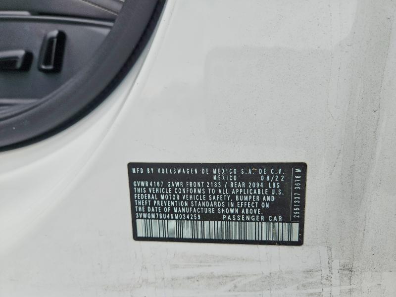 Aukcja sprzedaży 2022 Volkswagen Jetta, vin: 3VWGM7BU4NM034259, numer aukcji: 52382986