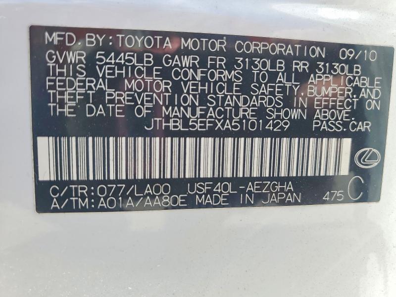 54202506 :رقم المزاد ، JTHBL5EFXA5101429 vin ، 2010 Lexus Ls مزاد بيع