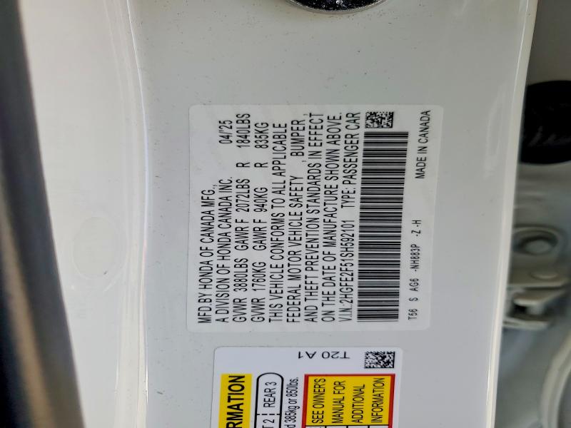 2025 Honda Civic მანქანა იყიდება აუქციონზე, vin: 2HGFE2F51SH592101, აუქციონის ნომერი: 54395486
