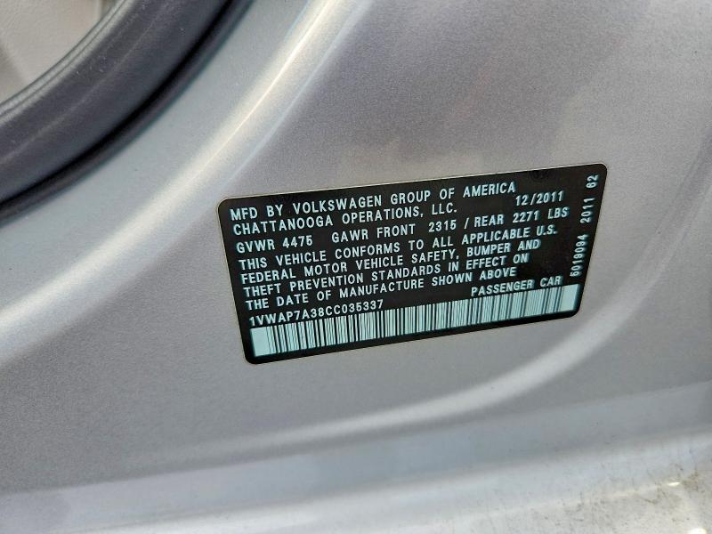 Aukcja sprzedaży 2012 Volkswagen Passat, vin: 1VWAP7A38CC035337, numer aukcji: 53208146