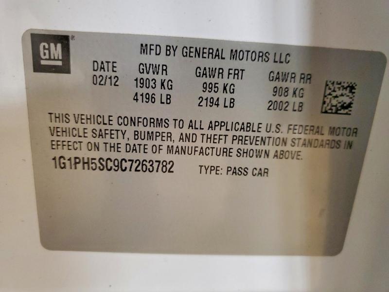 51704826 :رقم المزاد ، 1G1PH5SC9C7263782 vin ، 2012 Chevrolet Cruze مزاد بيع