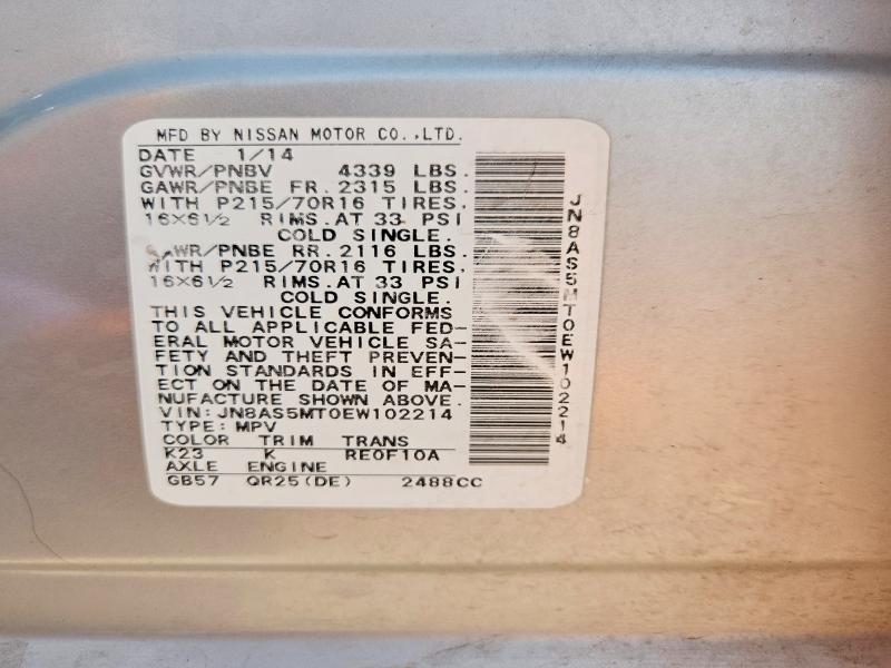 54708016 :رقم المزاد ، JN8AS5MT0EW102214 vin ، 2014 Nissan Rogue Select مزاد بيع