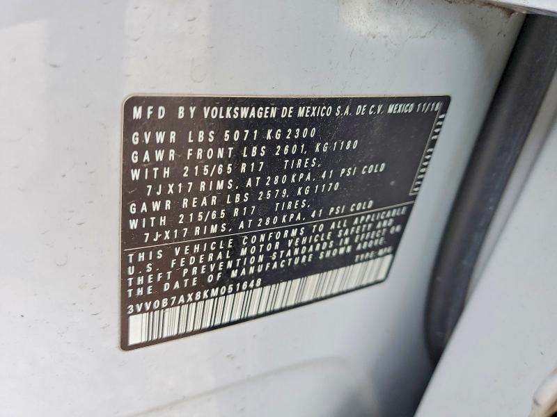 52725296 :رقم المزاد ، 3VV0B7AX8KM051648 vin ، 2019 Volkswagen Tiguan مزاد بيع