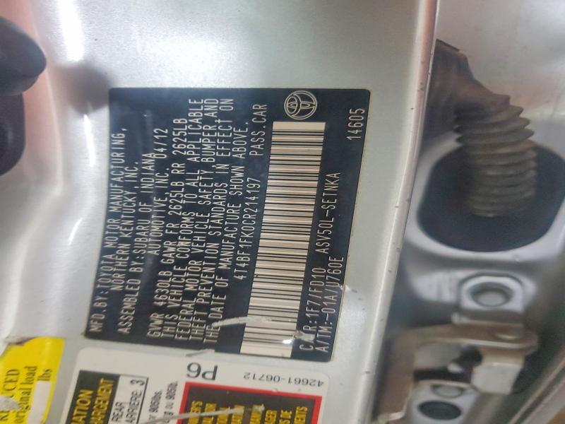 55294606 :رقم المزاد ، 4T4BF1FK0CR214197 vin ، 2012 Toyota Camry مزاد بيع