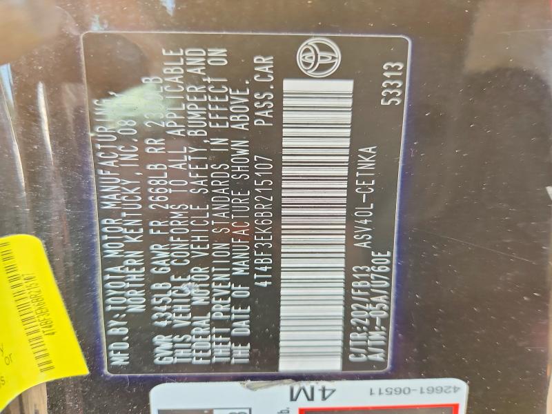 2011 Toyota Camry მანქანა იყიდება აუქციონზე, vin: 4T4BF3EK6BR215107, აუქციონის ნომერი: 55153876