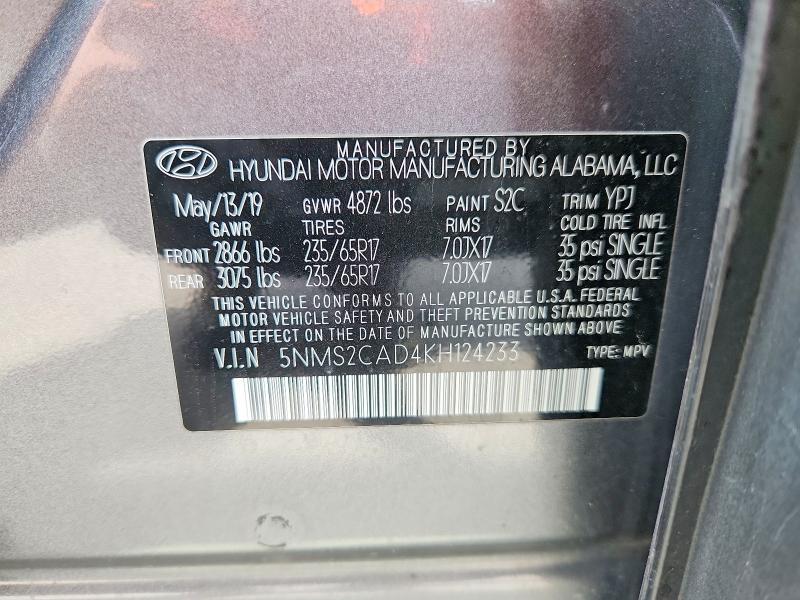54667126 :رقم المزاد ، 5NMS2CAD4KH124233 vin ، 2019 Hyundai Santa Fe مزاد بيع